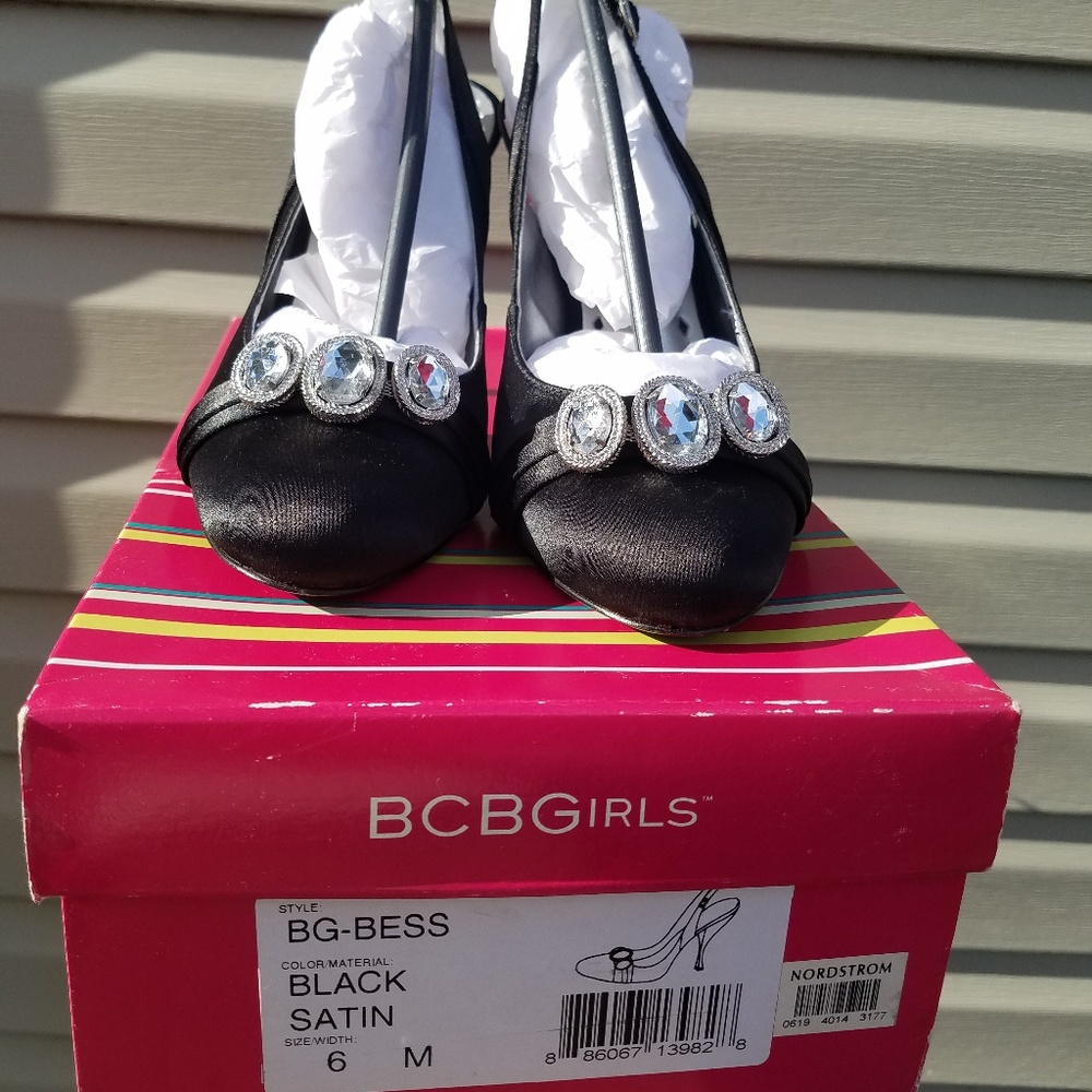 BCBGirls Black Satin Slingbacks Dize 6